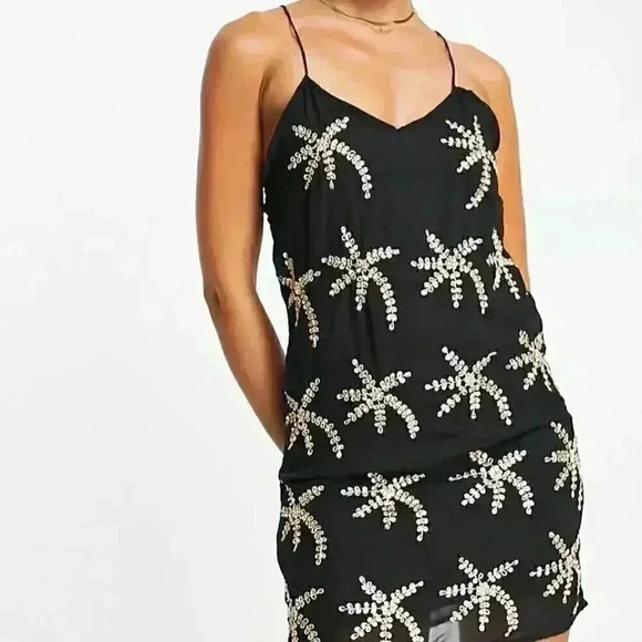 NEW Bonheur D’amour Black gold Embroidered Chiffon Slip Dress Women’s  Large NWT - Picture 1 of 12